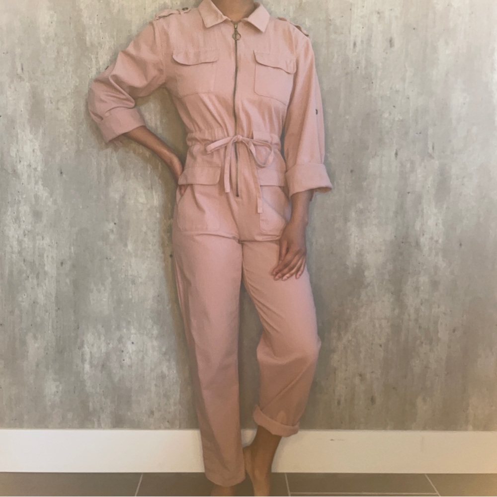 Pink utility jumpsuit. Elastic & drawstring waist.
